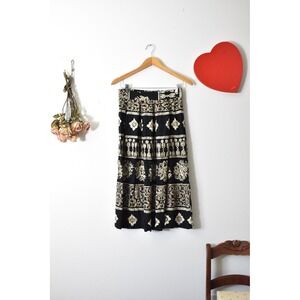 Vintage Hot Stuff Midi Skirt Black Tan Rayon Block Print Made in USA 90s y2k